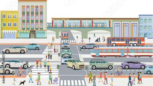 Bahnverkehr und Stra  enverkehr mit Bahnhof   Menschen  Illustration