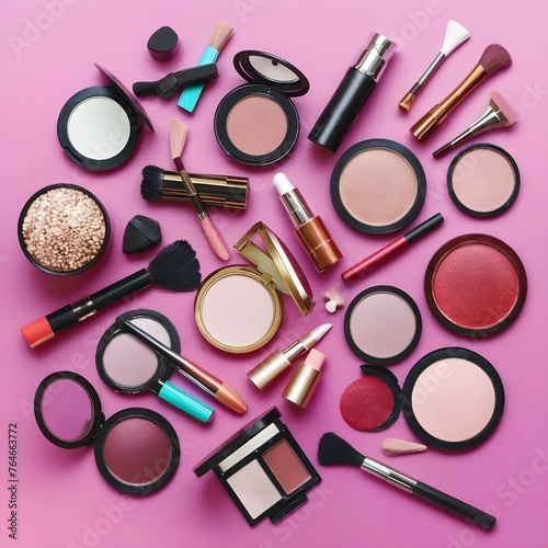 photo top view assortment of make-up and beauty products