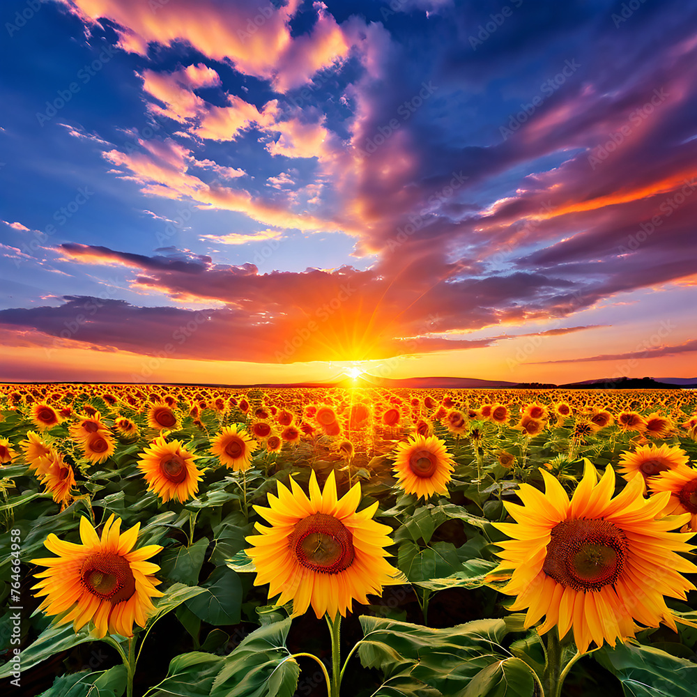 Fototapeta premium Sunflower Field Embraced by the Colors of the Setting Sun