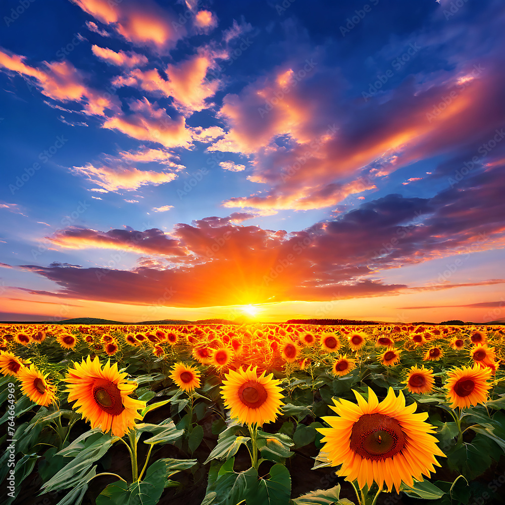 Stunning Sunset Over a Vast Sunflower Field