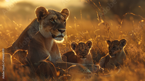 Mother Lioness with Her Playful Cubs in the Wild: An Aura of Power, Beauty, and Innocence