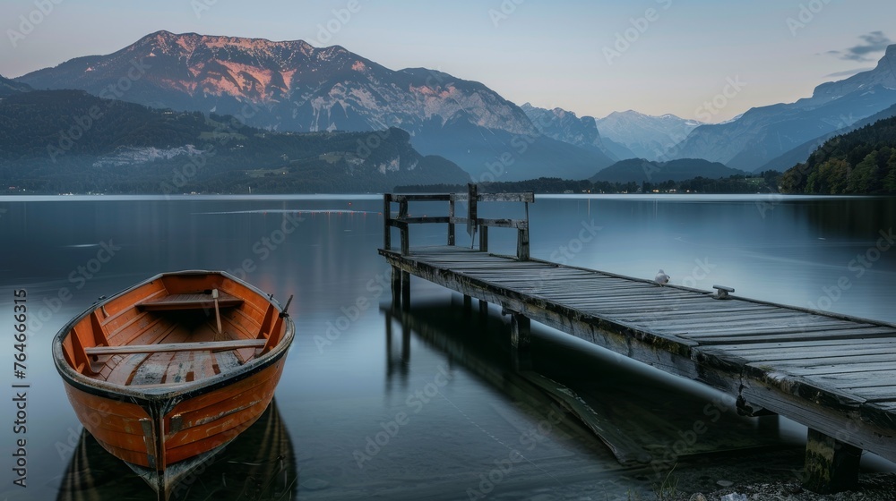 Wooden boat and old wooden dock at evening with mountains on background