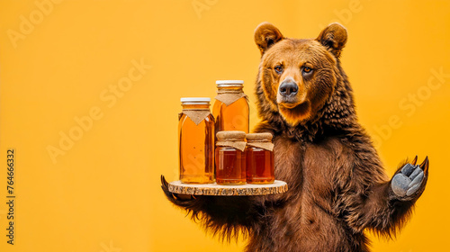 un ours présente des pots de miel sur un plateau - fond jaune photo