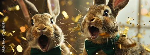 two happy screaming bunnies in green dressed with bow tie photo