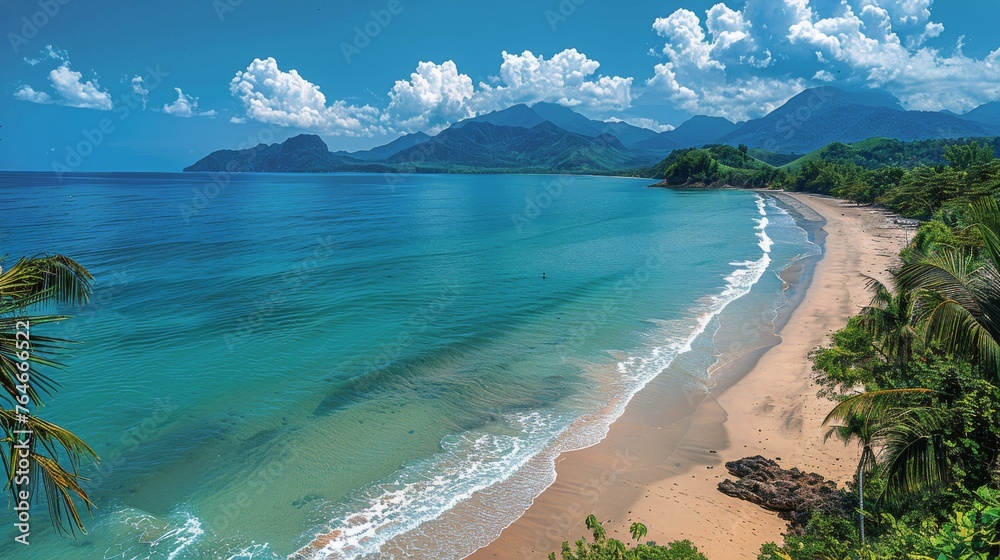 Scenic Beach With Palm Trees and Blue Water