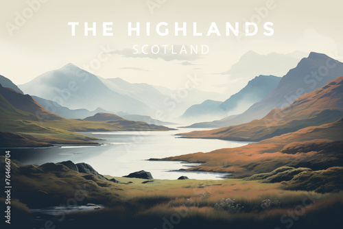 Highlands, Scotland travel poster with spectacular view of hills, lochs, moor. Ai generated image photo