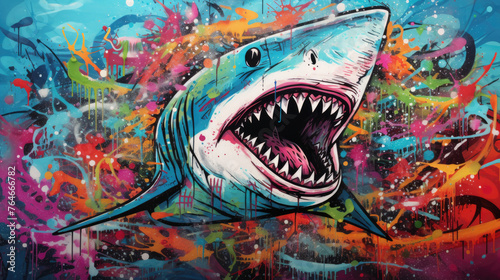 Abstract grunge urban pattern with sea monster character, Scarey Big head Shark, Super drawing in graffiti style, bright vibrant retro colors, blue, pink, orange and purple, multicolors background. photo