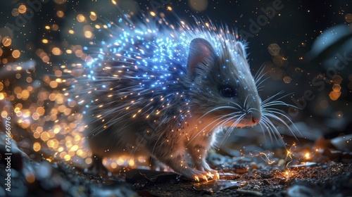 A porcupine's bioluminescent quills under starlight demonstrate cutting-edge security tech with minimal intrusion.