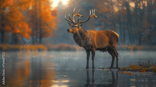 A majestic stag peacefully gazes at its reflection melding with sustainable brand logos, embodying eco-friendly ideals.