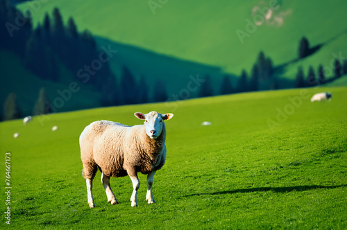 Sheep grazing on green alpine meadows.