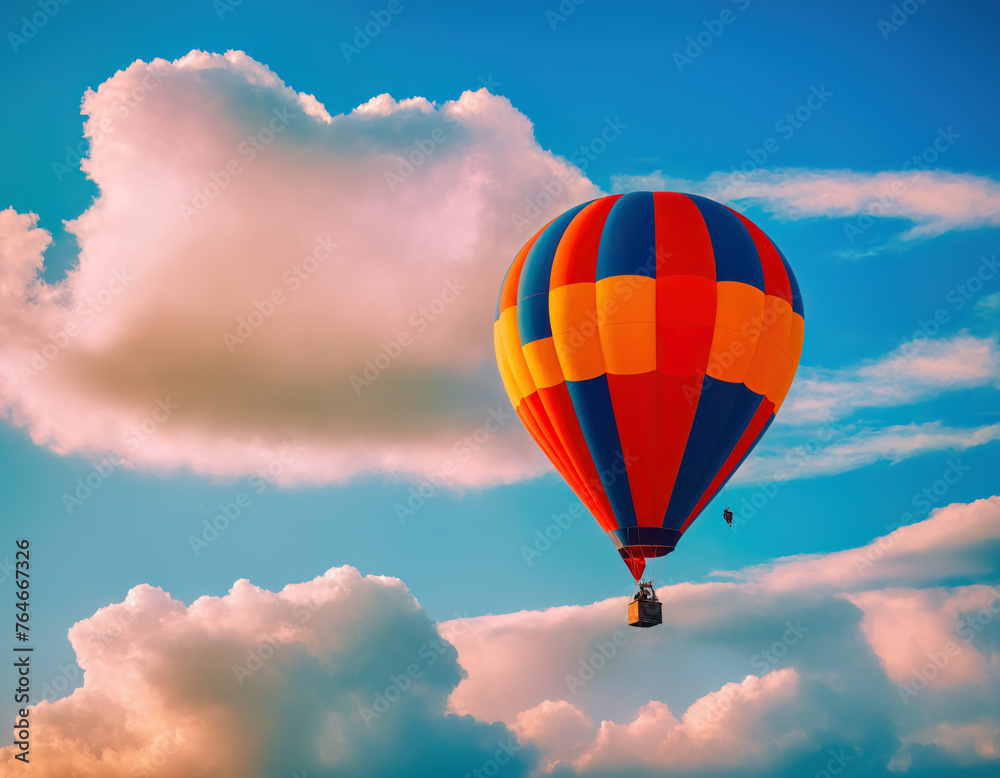Fototapeta premium Colorful hot air balloon on the background of bright blue cloudy sky.