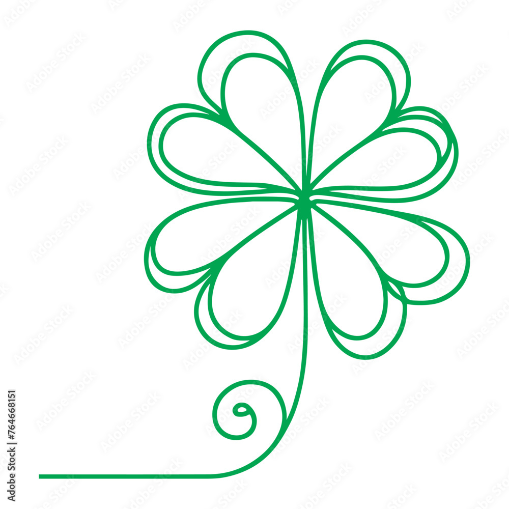 one continues green line hand drawing shamrock four leaf clover outline doodle vector illustration on white background