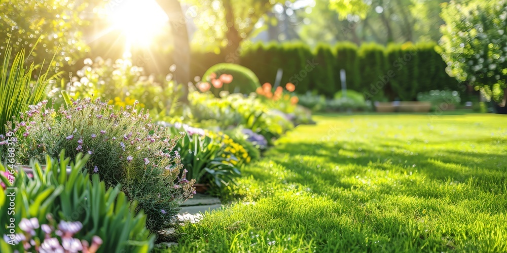 Obraz premium Beautiful well-kept spring garden. The green lawn emphasizes the full bloom of flowers in the mix border.