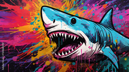 Abstract grunge urban pattern with sea monster character  Scarey Big head Shark  Super drawing in graffiti style  bright vibrant retro colors  blue  pink  orange and purple  multicolors background.