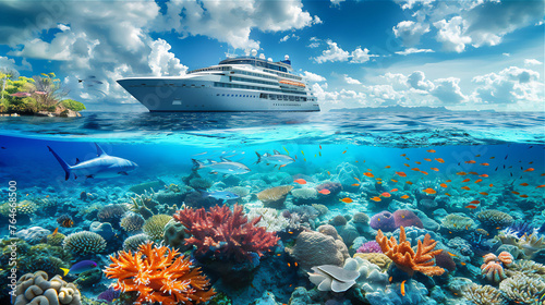 Cruise Ship in the sea reef with coral and various fishes under water at summer
