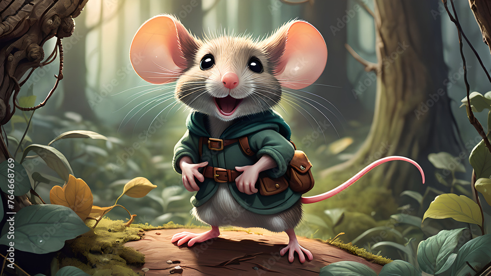 Whimsical children's book illustration featuring a brave little mouse on a grand adventure in a magical forest - obrazy, fototapety, plakaty 