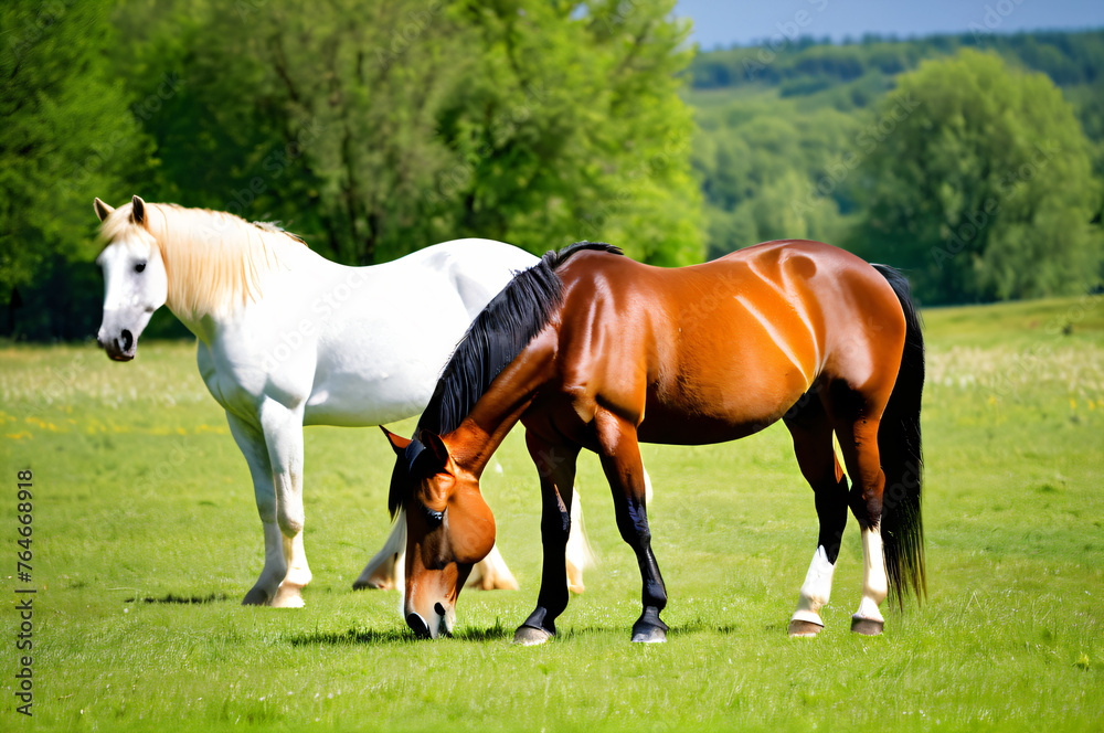 Horses grazing in a meadow on a bright sunny day. Horses grazing in a meadow on a bright sunny day.