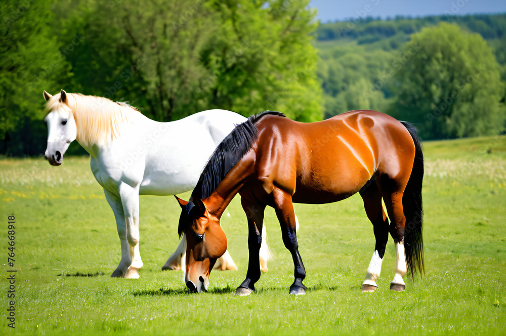 Horses grazing in a meadow on a bright sunny day.