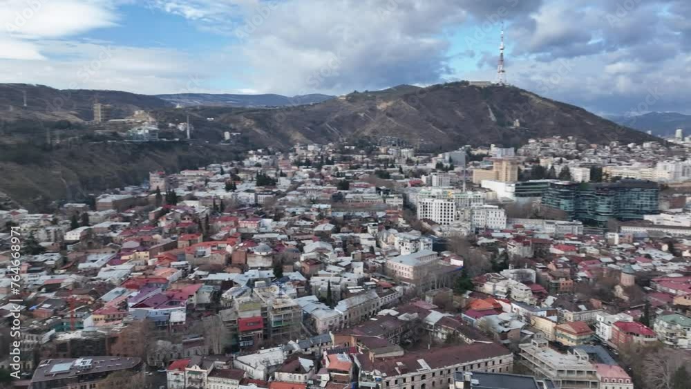 Aerial view of center of Tbilisi under Mount Mtatsminda. Georgia 2024 spring Aerial view of center of Tbilisi under Mount Mtatsminda. Georgia 2024 spring