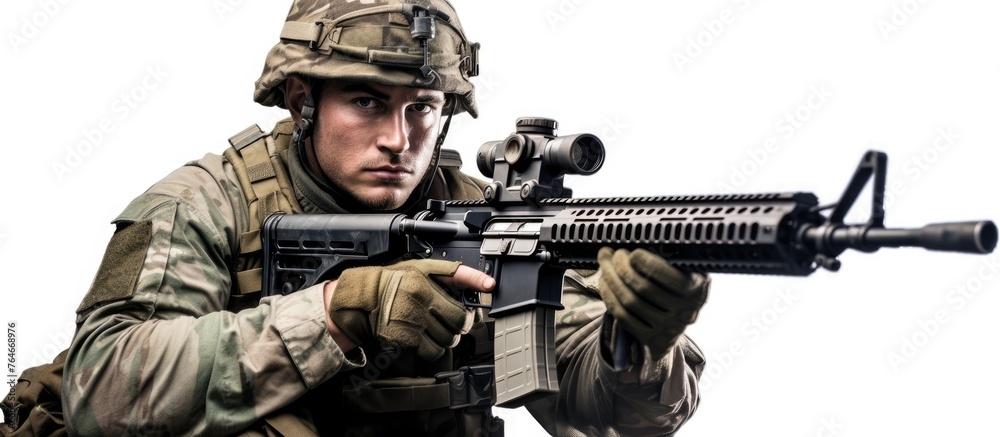 A military soldier in camouflage uniform aiming a rifle with forest trees in the background A military soldier in camouflage uniform aiming a rifle with forest trees in the background