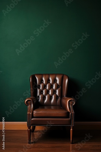 Brown Leather Chair Against Green Wall