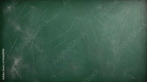 Old green chalkboard texture background, closeup of green grunge textured background with scratches and scuffs photo