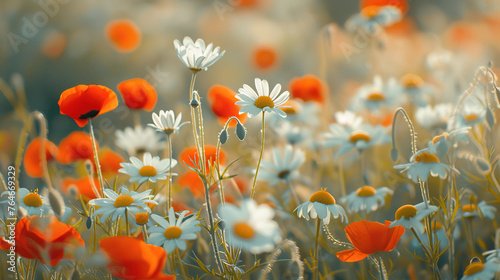 chamomile and poppies on a sunny spring meadow, with empty copy space, close-up with shallow depth of field