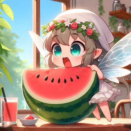 Cute fairy eating watermelon in a cafe, fairy, illustration