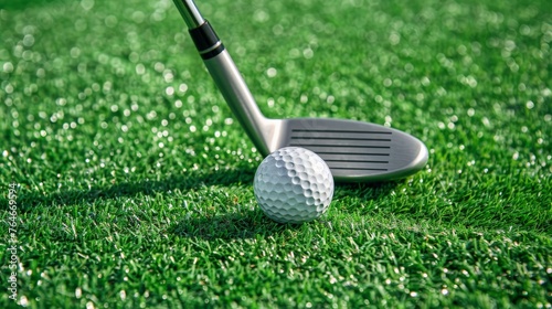 closeup golf club and golf ball on green grass