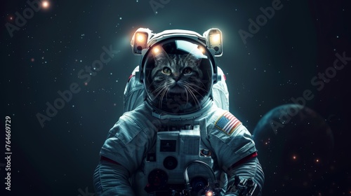Cute astronaut cat in black space with lights on helmet