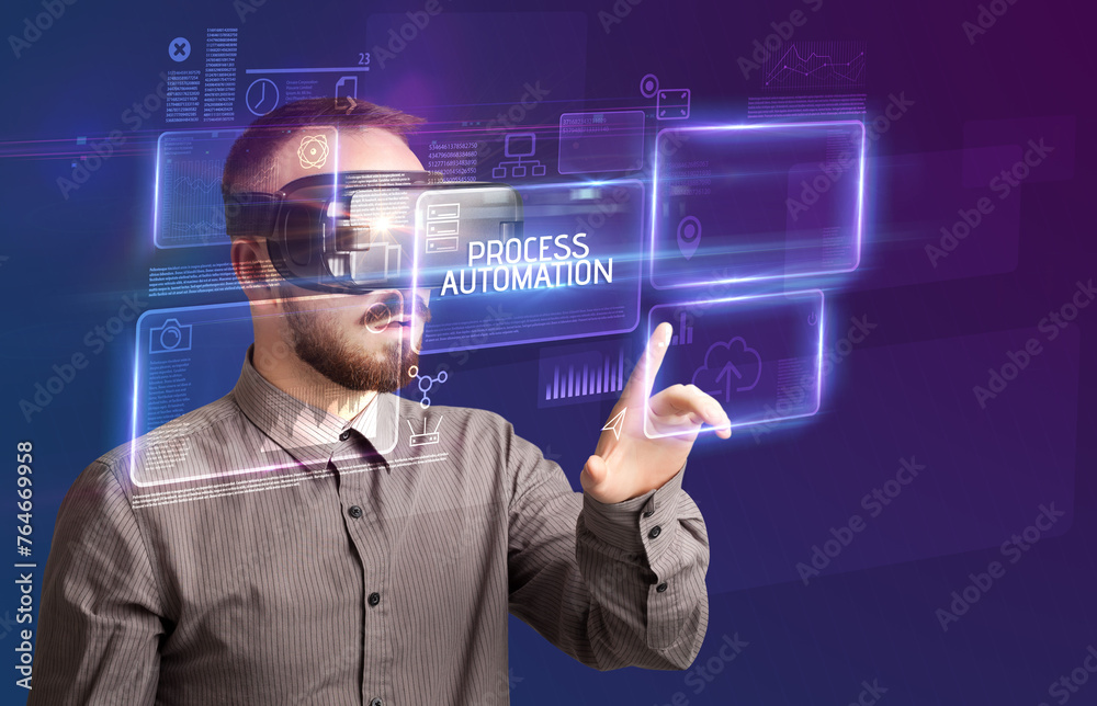 Businessman looking through Virtual Reality glasses, tech concept Businessman looking through Virtual Reality glasses, tech concept