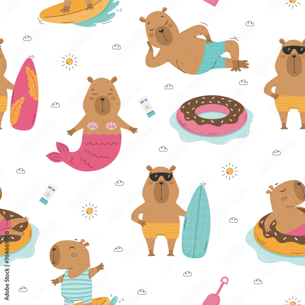 Naklejka premium Cute summer capybaras seamless pattern