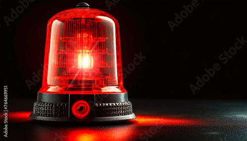 Closeup of emergency alarm red flashing light isolated on black background with copy space. Generative Ai.