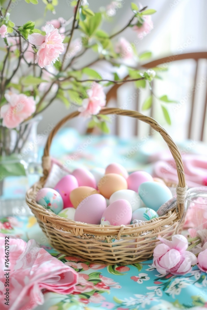 A wicker basket filled with pastel Easter eggs surrounded by soft pink floral blooms, evoking a cozy, homely Easter ambiance