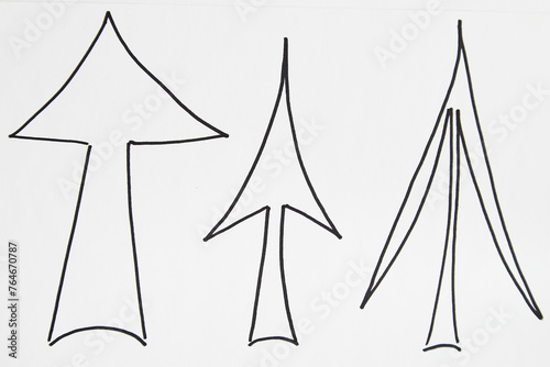 Three bright neon, green and black arrows hand-drawn on a white background. Thick, medium, thin artistic arrows