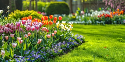 Beautiful well-kept spring garden. The green lawn emphasizes the full bloom of flowers in the mix border.