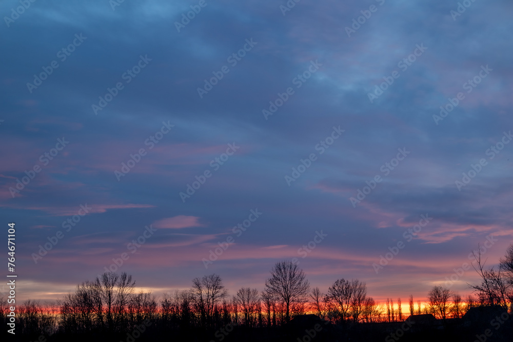 Sunset with clouds and shadow on the horizon from behind the trees in winter.
