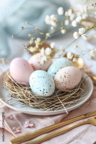 Pastel Easter eggs on a bed of hay on plate. Soft-hued Easter eggs resting on hay, placed delicately on a ceramic plate with a touch of elegance