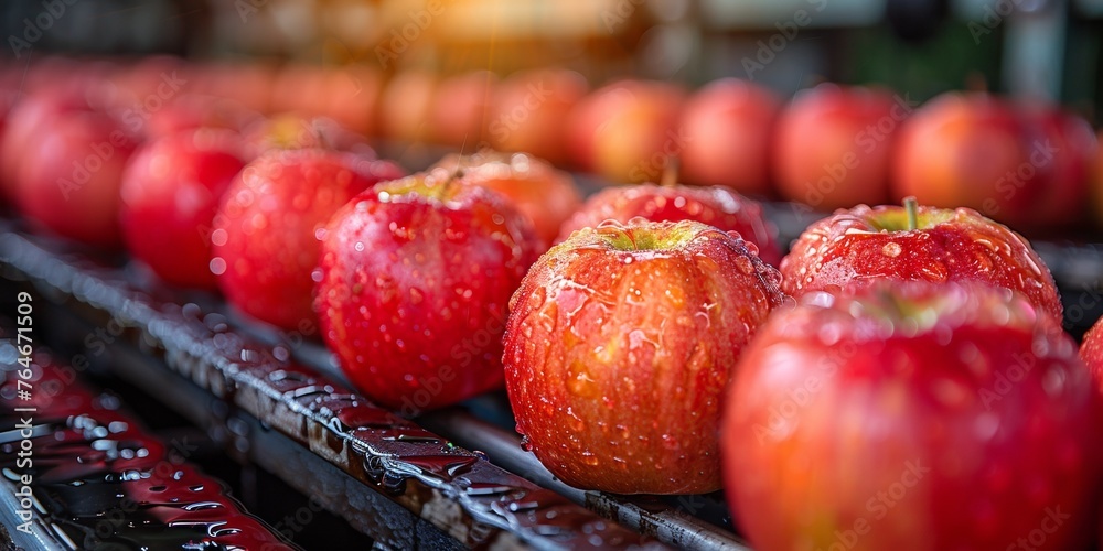 Colorful harvest of fresh, ripe red apples at a plant for making juice.