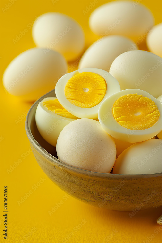 halves of hard boiled eggs on a yellow background in a bowl