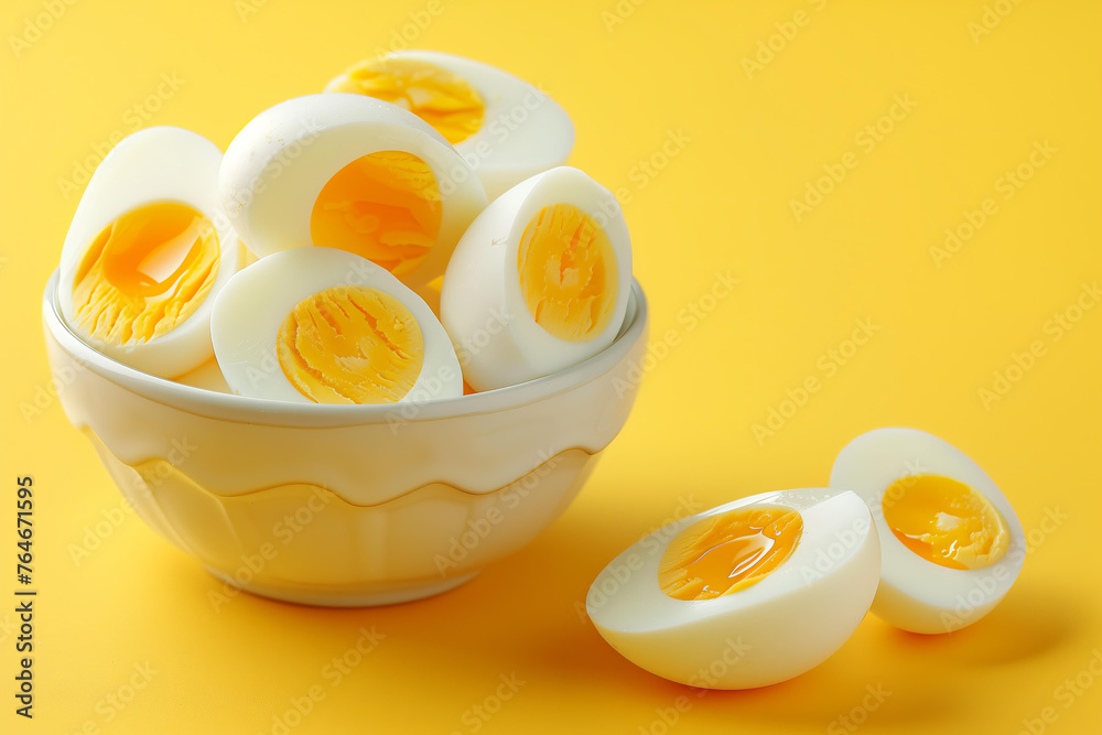 halves of hard boiled eggs on a yellow background in a bowl halves of hard boiled eggs on a yellow background in a bowl