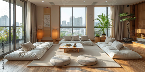 Modern and luxurious living room with white furniture and wood accents. © Iryna