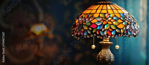 An elegant lamp featuring a colorful lampshade in various hues of red, blue, green, and yellow, casting a warm and vibrant glow photo