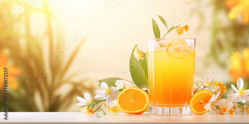 A glass of fresh orange juice on the table in the morning sunshine.