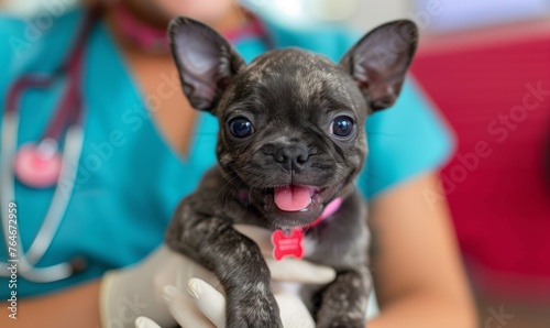 funny pappy on a table in a veterinary clinic.