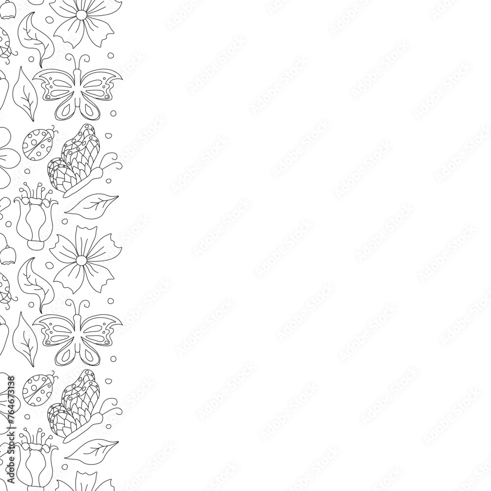Spring floral frame with butterflies, bees and ladybugs. Seamless flowers background Spring floral frame with butterflies, bees and ladybugs. Seamless flowers background