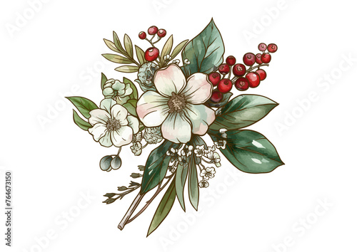 Boutonniere of wild rose flowers and berries Clip art, set of elements for design Outline hand drawing vector illustration. In botanical style