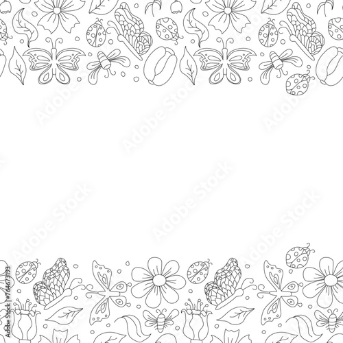 Spring floral frame with butterflies, bees and ladybugs. Seamless flowers background
