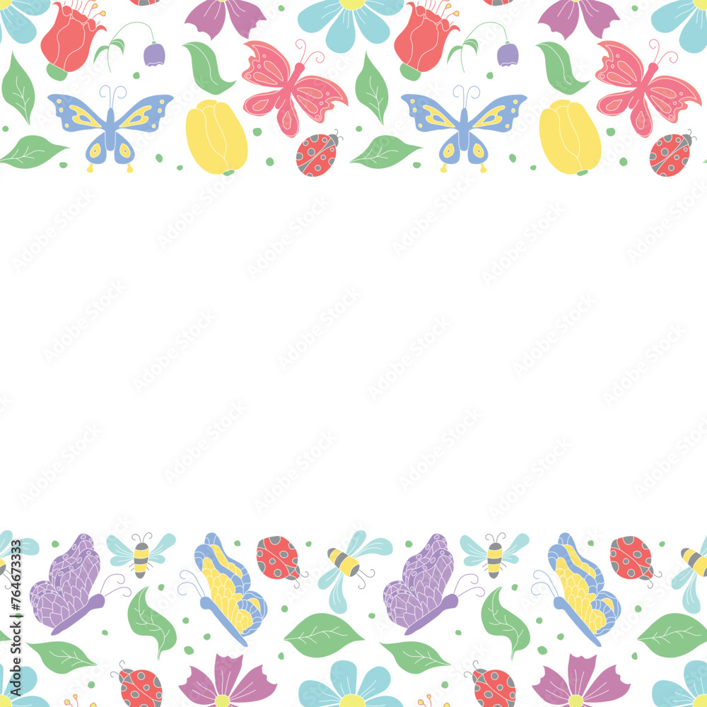Spring floral frame with butterflies, bees and ladybugs. Seamless flowers background Spring floral frame with butterflies, bees and ladybugs. Seamless flowers background