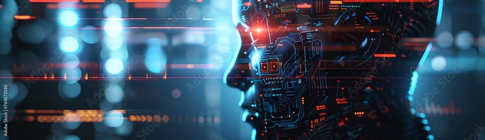 A fictional vision showing an abstract technological AI bot as a threat against human civilisation, communication is visible, abstract technological industry space background A fictional vision showing an abstract technological AI bot as a threat against human civilisation, communication is visible, abstract technological industry space background